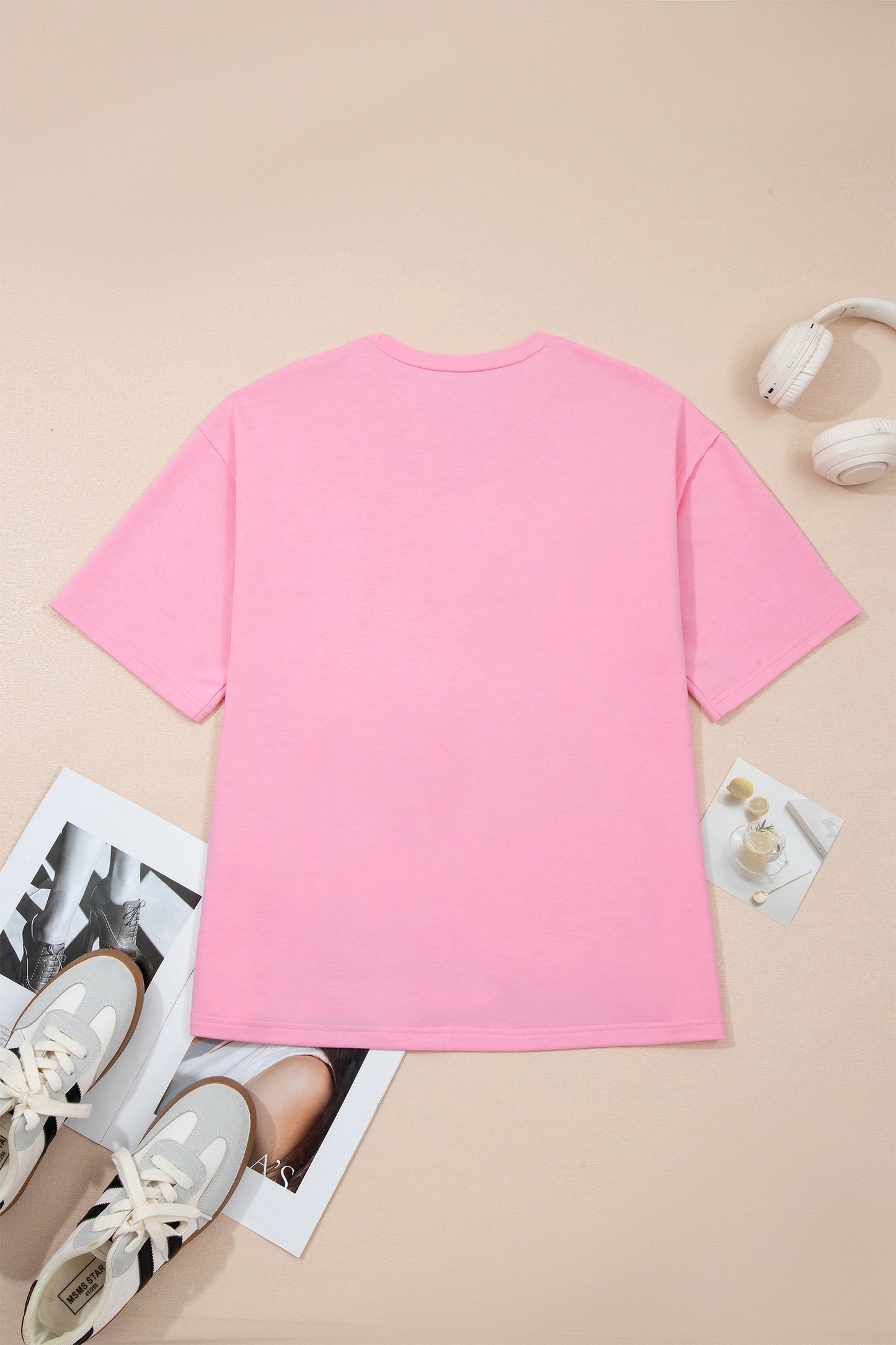 Pink Solid Color Raw Edge Bow Patch Loose Shirt