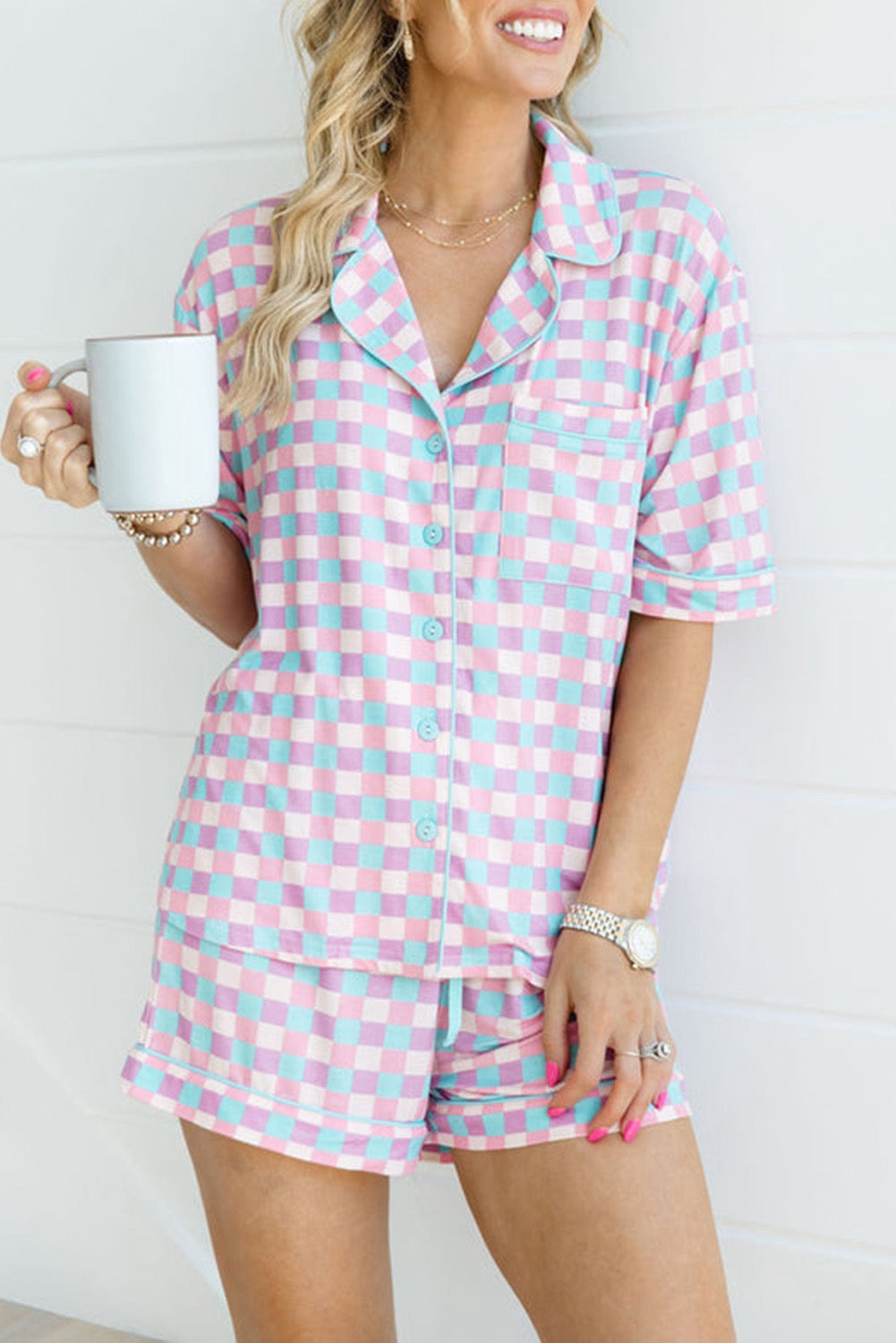 Purple Checkered Shorts Set