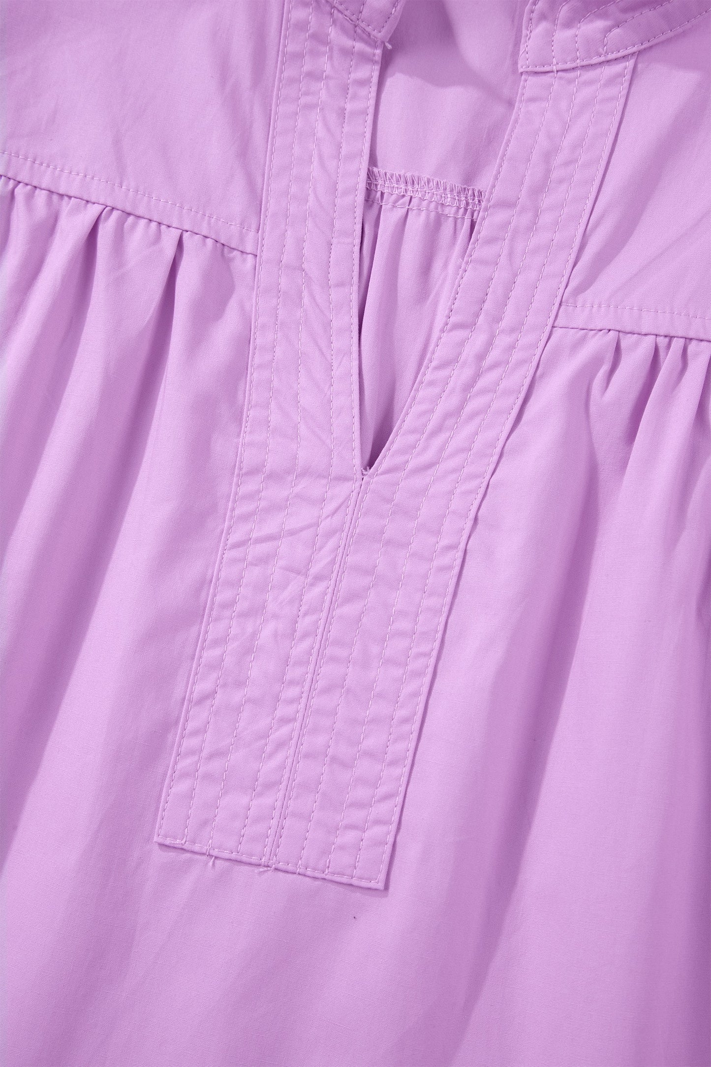 Purple Stitched Detail V Neck Puffy Half Sleeve Blouse