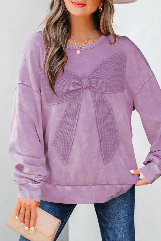 Lavender Mineral Wash Big Bow Patchwork Pullover Sweatshirt