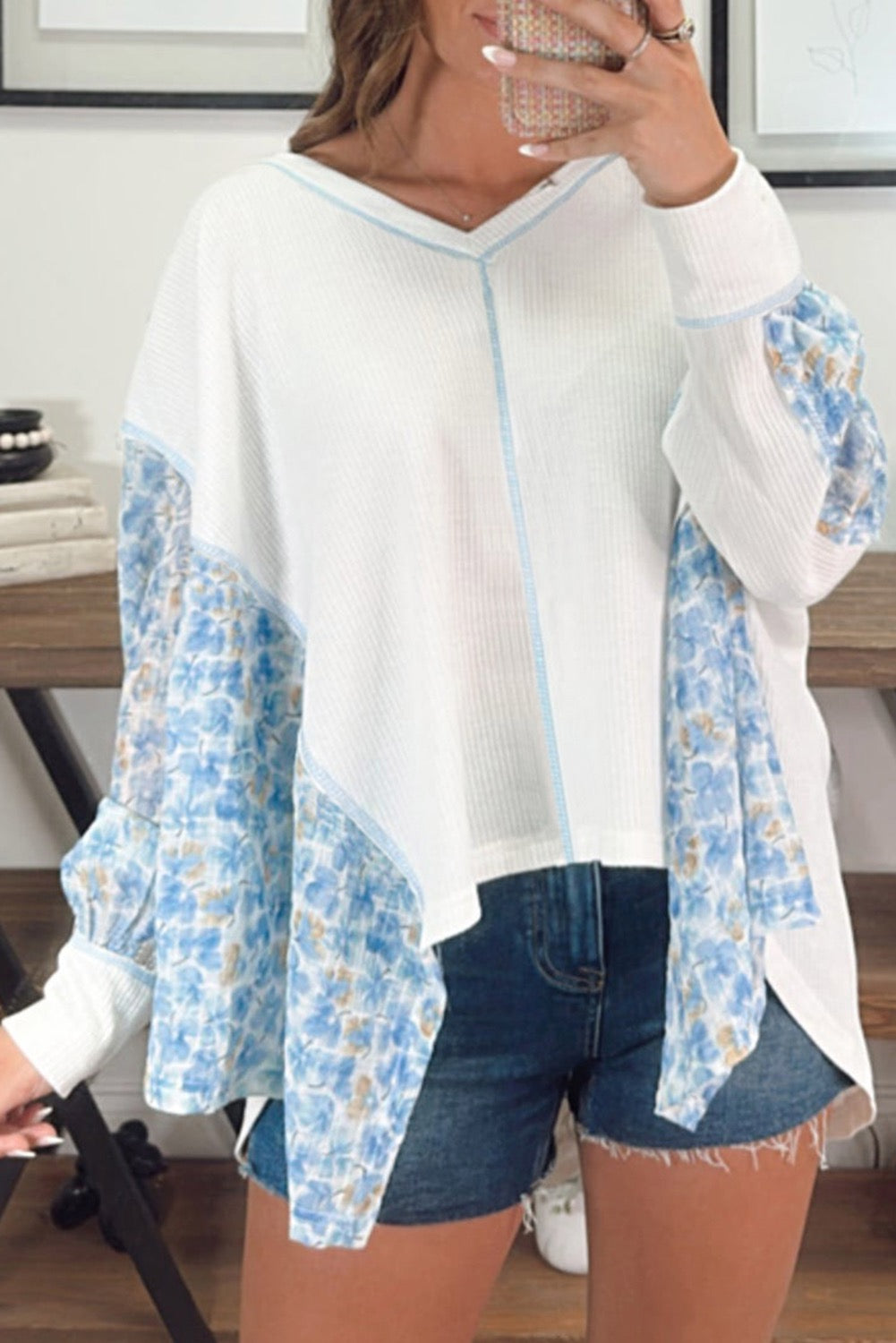 White Floral Bat Wing Sleeve Top