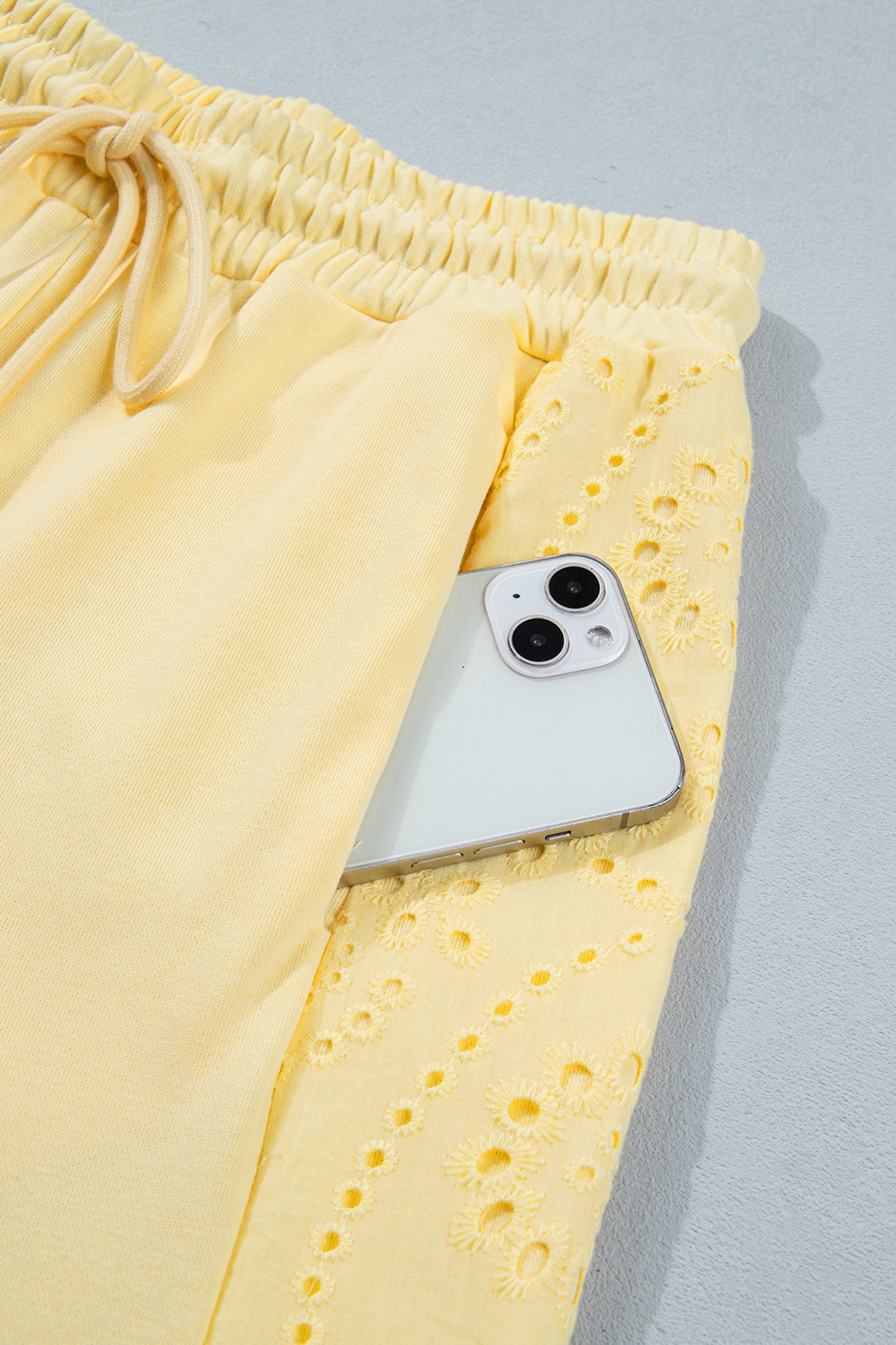 Yellow Solid Color Loose Tee Drawstring Wide Leg Pant Set