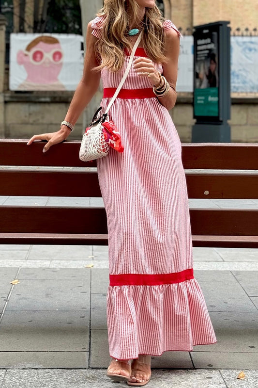 Red Stripe Bow Knot Straps Contrast Trim High Waist Ruffle Hem Maxi