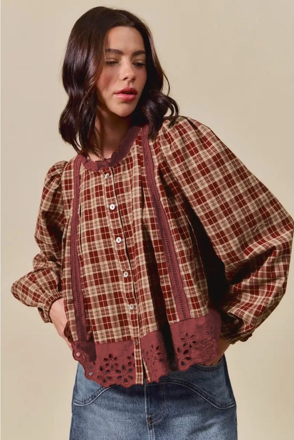 Plaid Eyelet Lace Trim Button Down Loose Long Sleeve Shirt