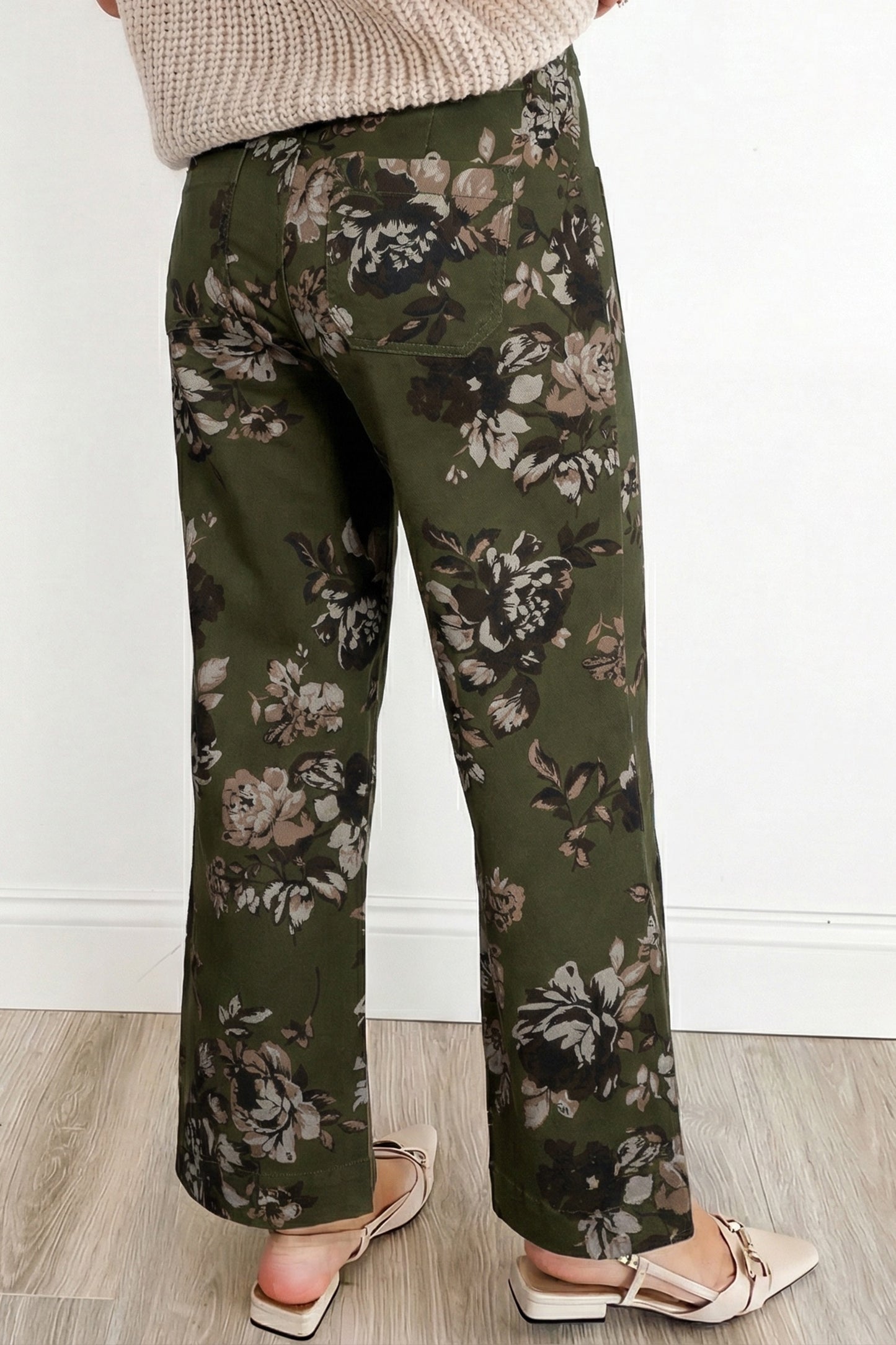 Green Vintage Floral Print Square Patch Pocket Raw Hem Jeans (back ordered to April 5)