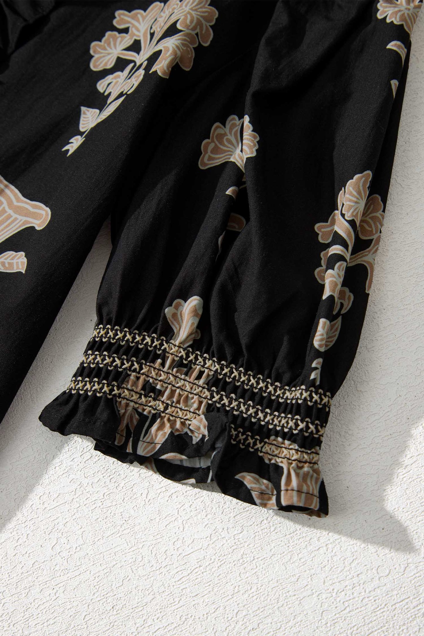 Black Floral Print Frilled Collar Short Puff Sleeve Maxi Dress