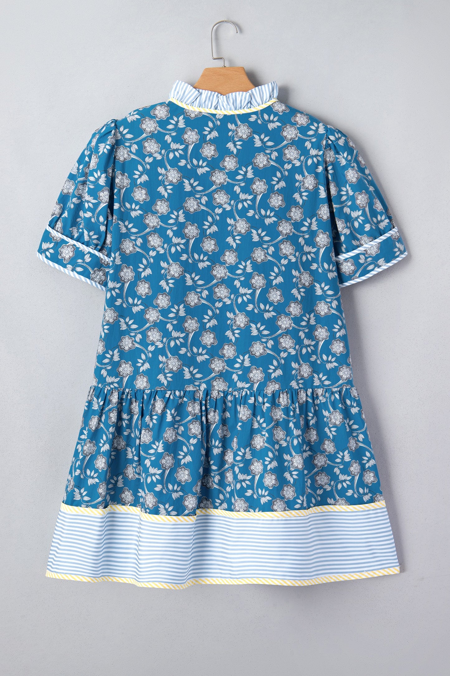 Blue Plus Size Floral Print Striped Patchwork Detail Button Front Ruffle Hem