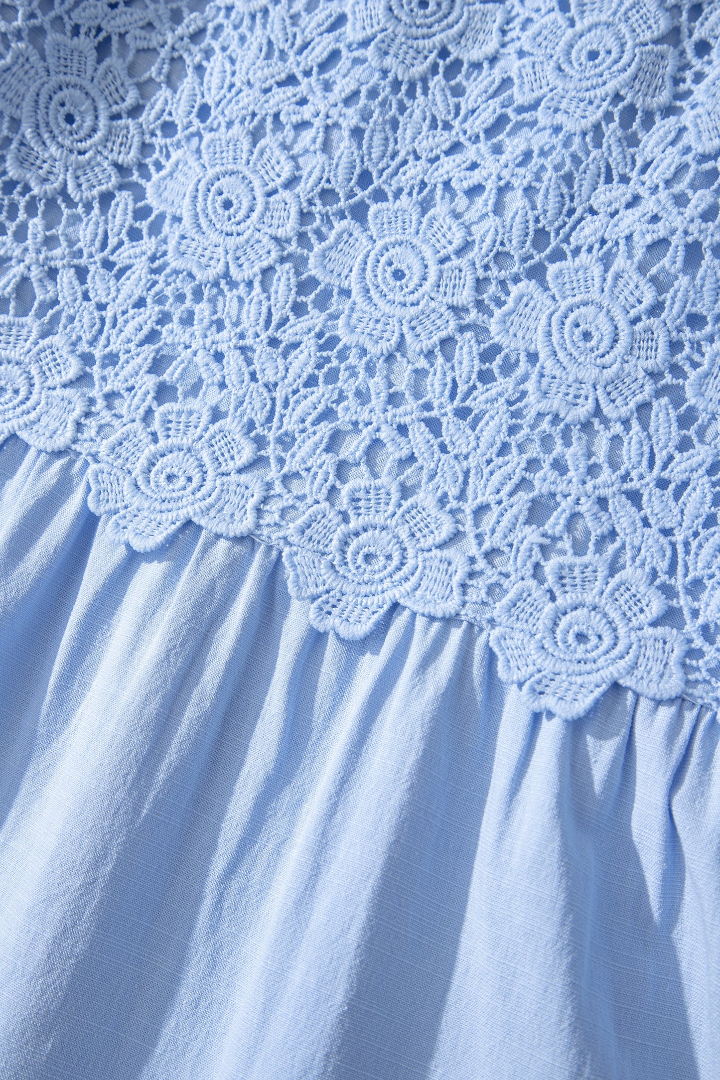 Blue Flowy Short Sleeve Lace Detail Square Neck Tiered Midi Dress