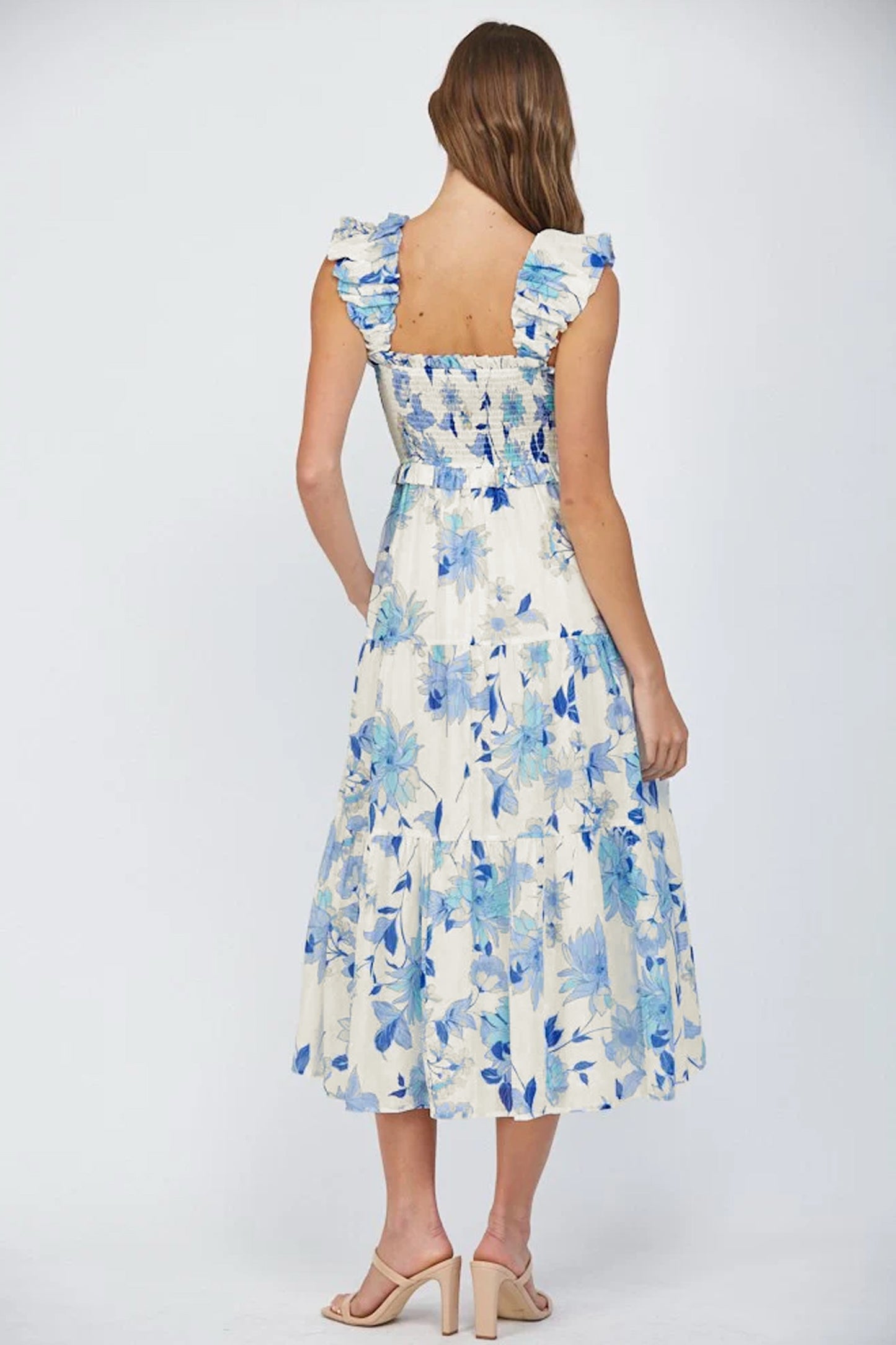 Blue Ruffled Straps Smocked High Waist Floral Maxi Dress