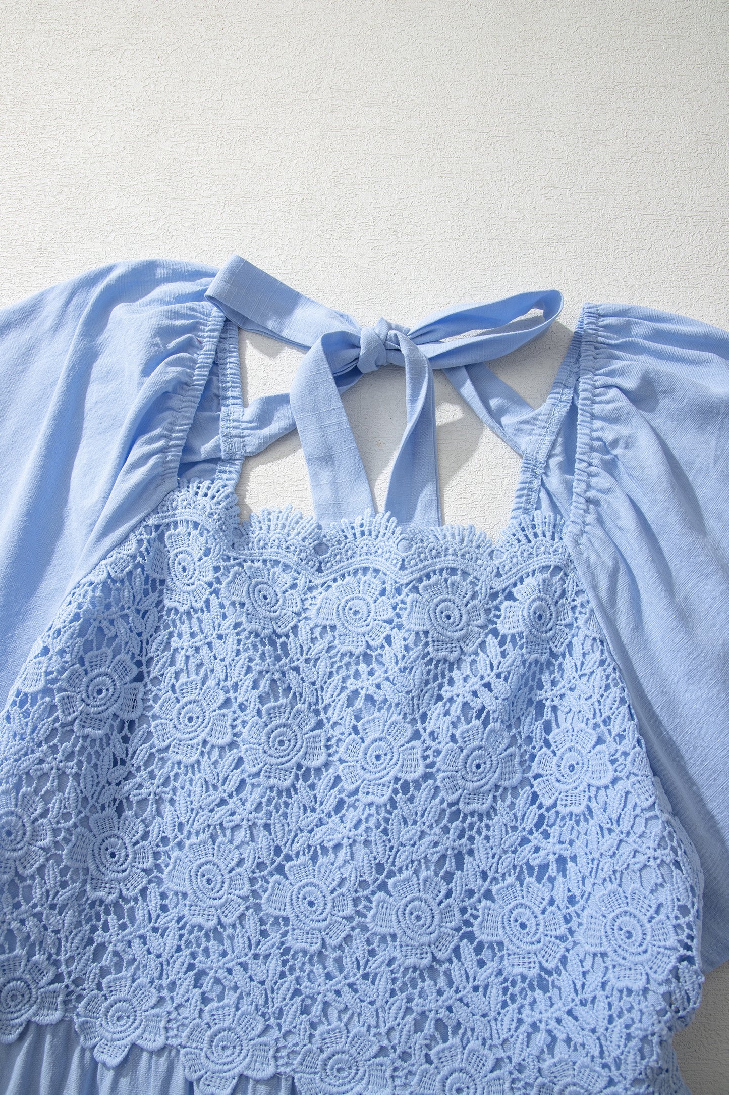 Blue Flowy Short Sleeve Lace Detail Square Neck Tiered Midi Dress