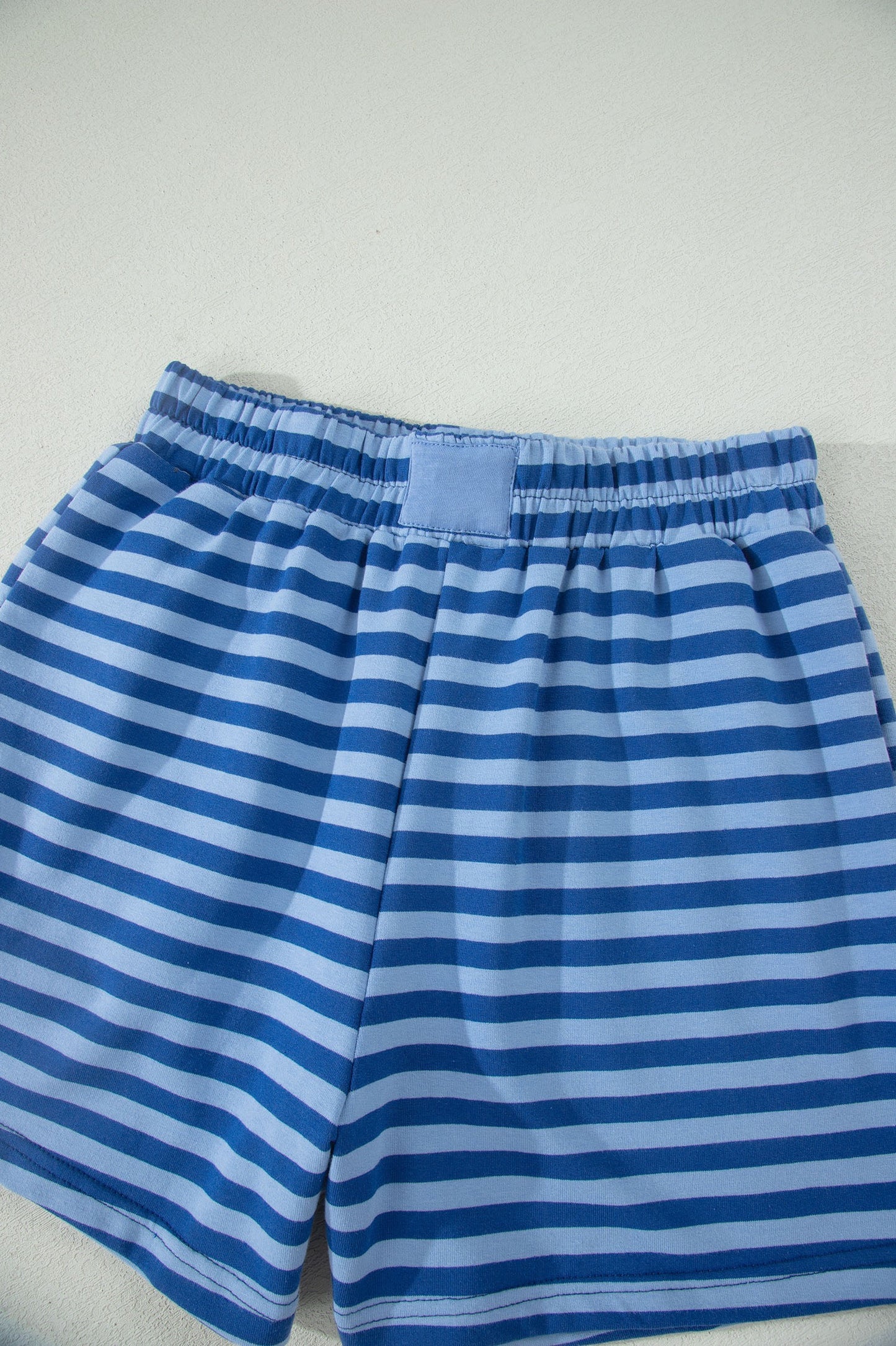 Blue Stripe Striped Ribbed Cotton Two-
Piece Short Set with Chest Patch