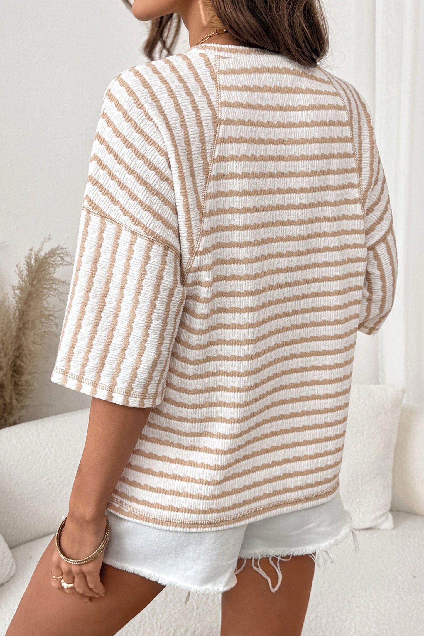 Apricot Stripe Scallop Lace Trim Ruffle Short Sleeves Crewneck Top