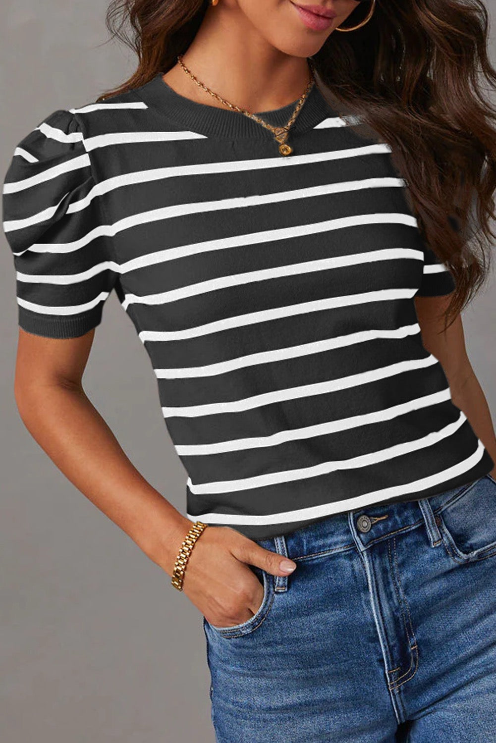 White Stripe Ribbed Trim Round Neck Bubble Sleeve Knit Top