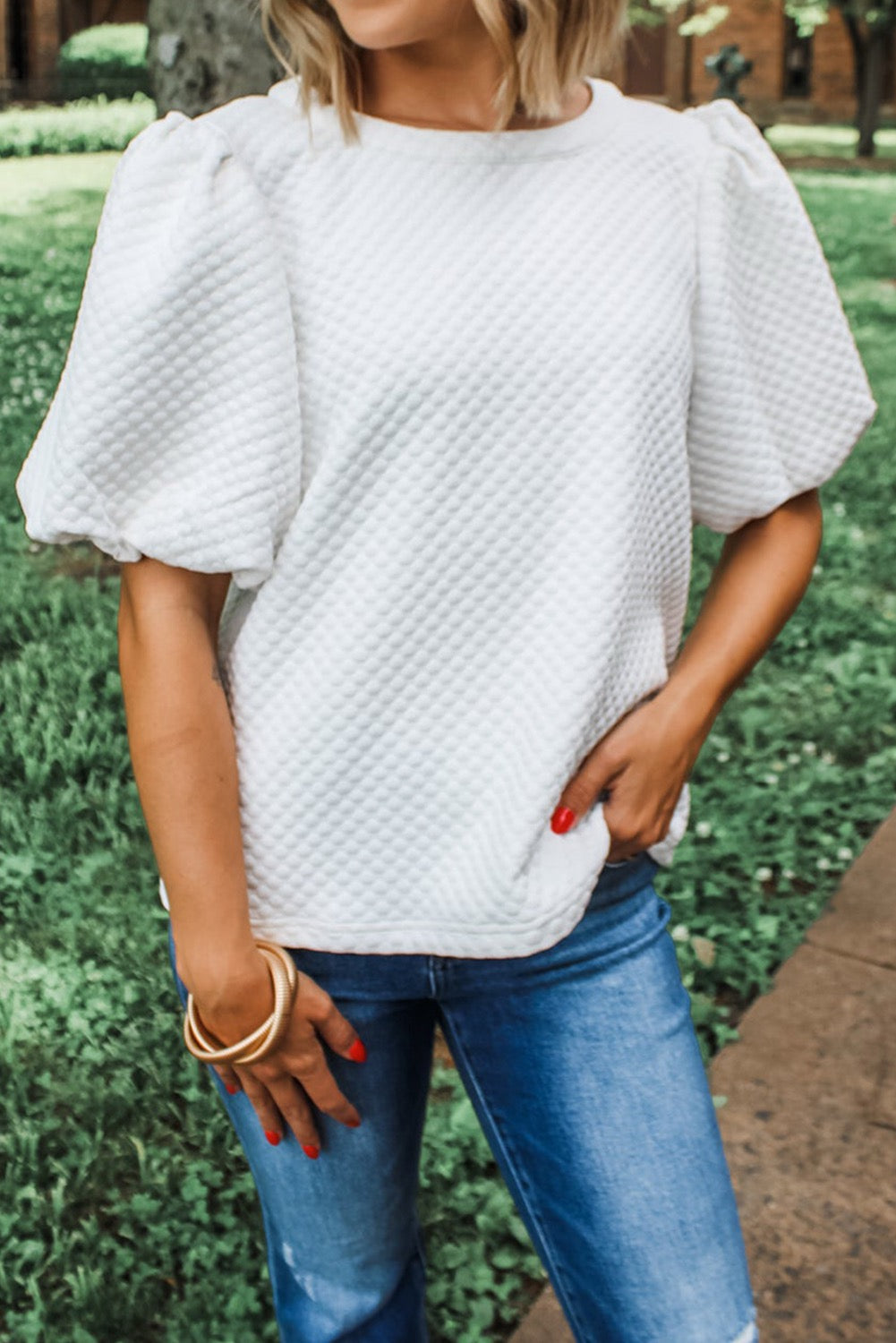 White Textured Top with Puff Sleeves