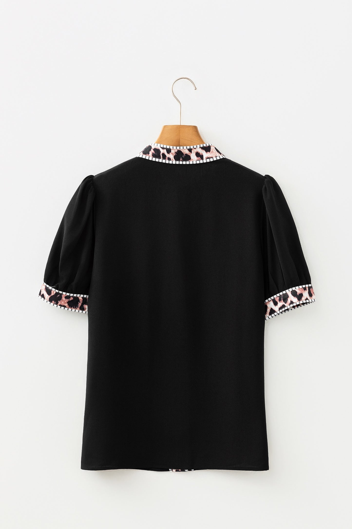 Black V Neck Short Puff Sleeve Contrast Striped Leopard Trim Button Down Shirt