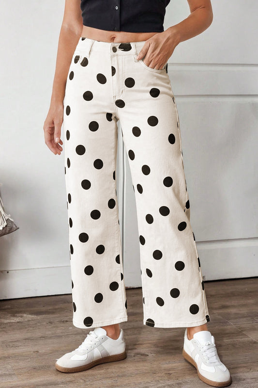 White Polka Dot Print Wide Leg Ankle Length Jeans