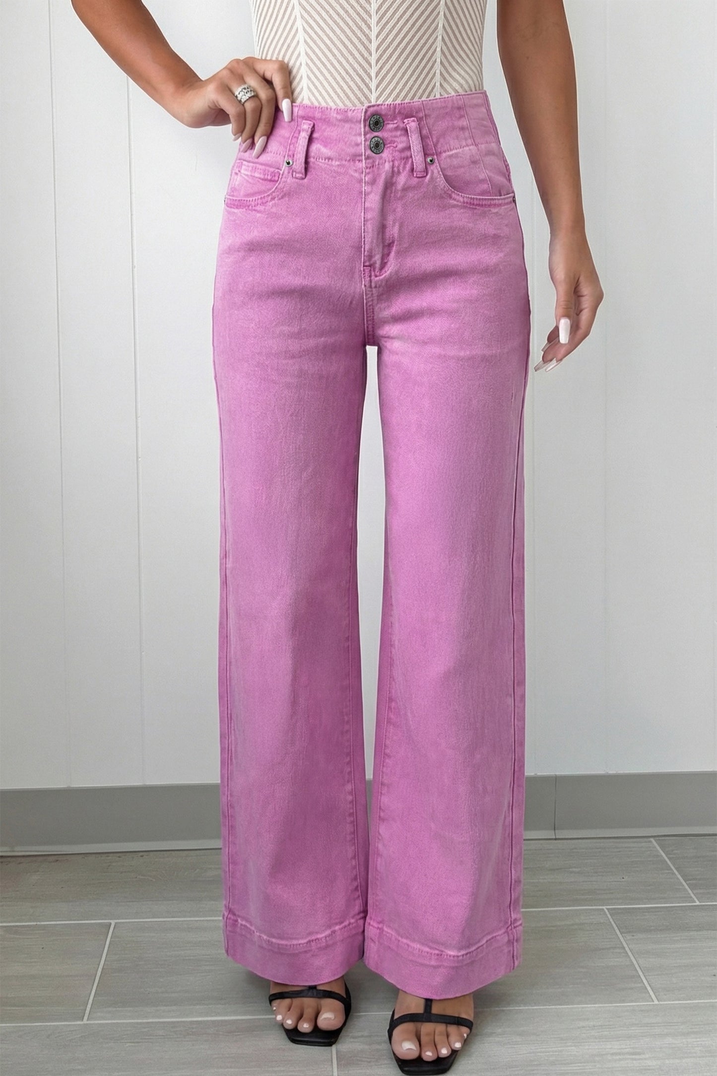 Pink 2 Button High Waist Flared Bottom Jeans