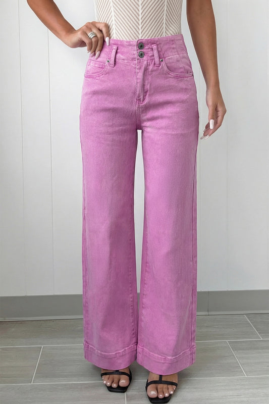 Pink 2 Button High Waist Flared Bottom Jeans