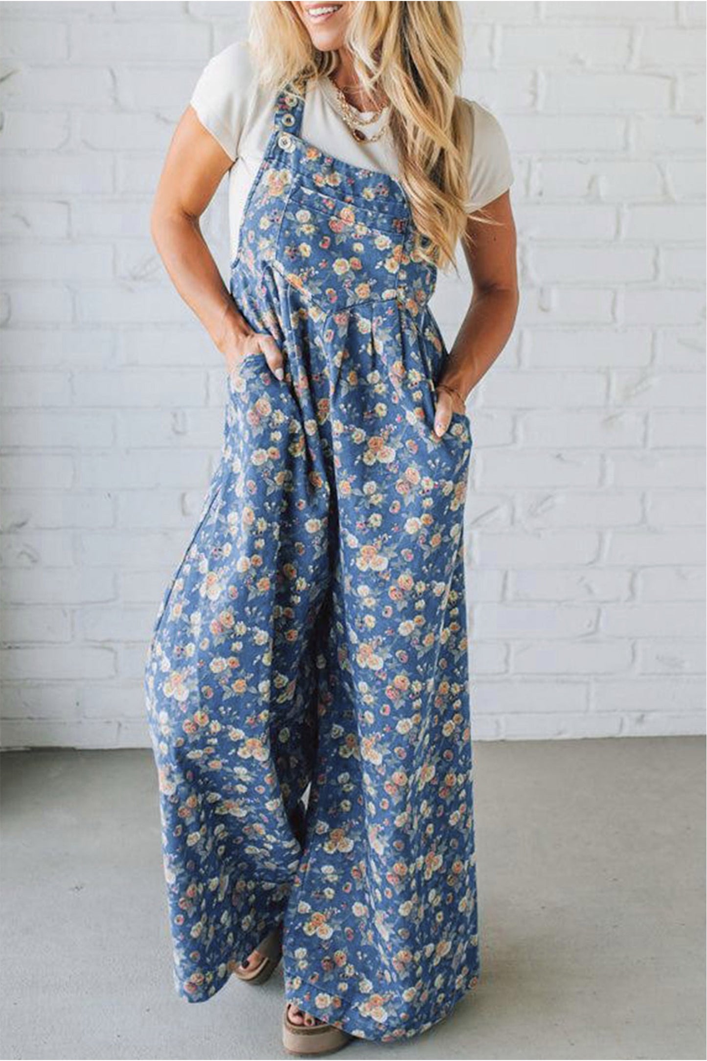 Vintage Rose Printed Pleated Loose Denim Overall (ships 4/5)