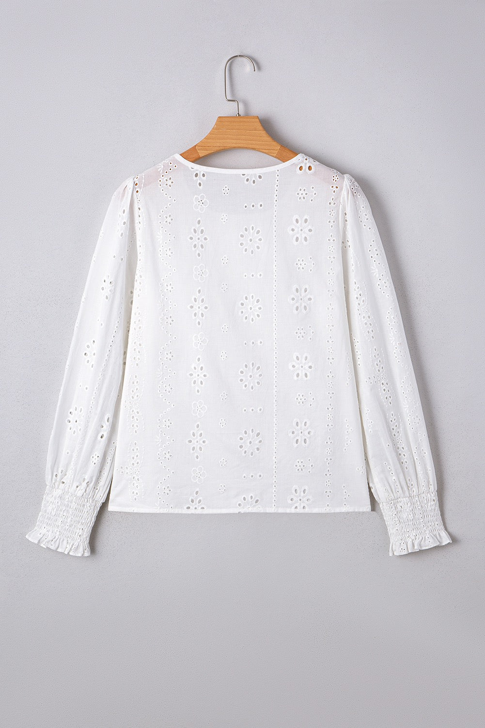 White Eyelet Embroidered Smocked Cuff Blouse