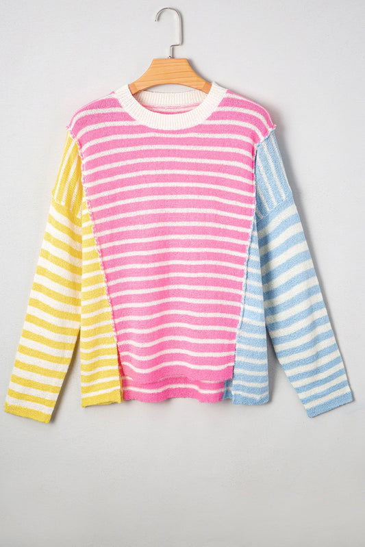 Multicolour Color Block Striped Patchwork Dolman Sleeve