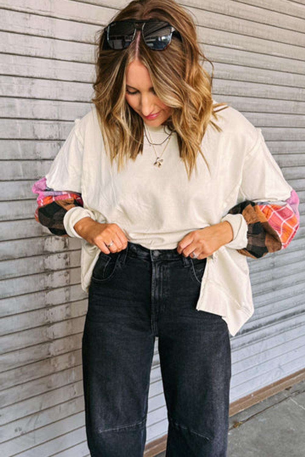 Beige Contrast Plaid Long Sleeve Exposed Seam Patchwork  Top
