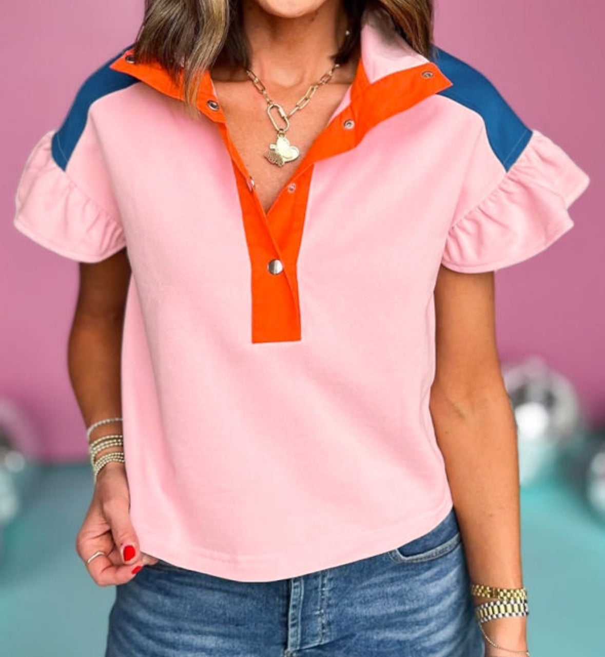 Gossamer Pink Color Block Half Buttoned Ruffled Short Sleeve Shirt