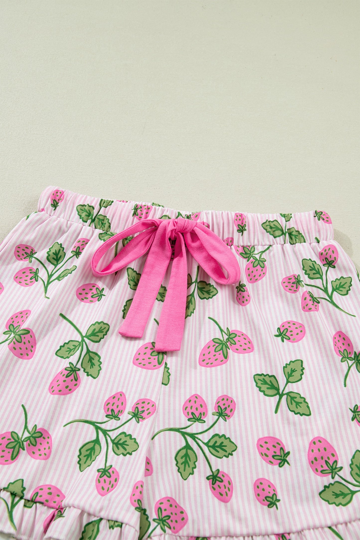 Pink Striped Strawberry Print Lapel Shirt Drawstring Shorts 2pcs Pajama Set