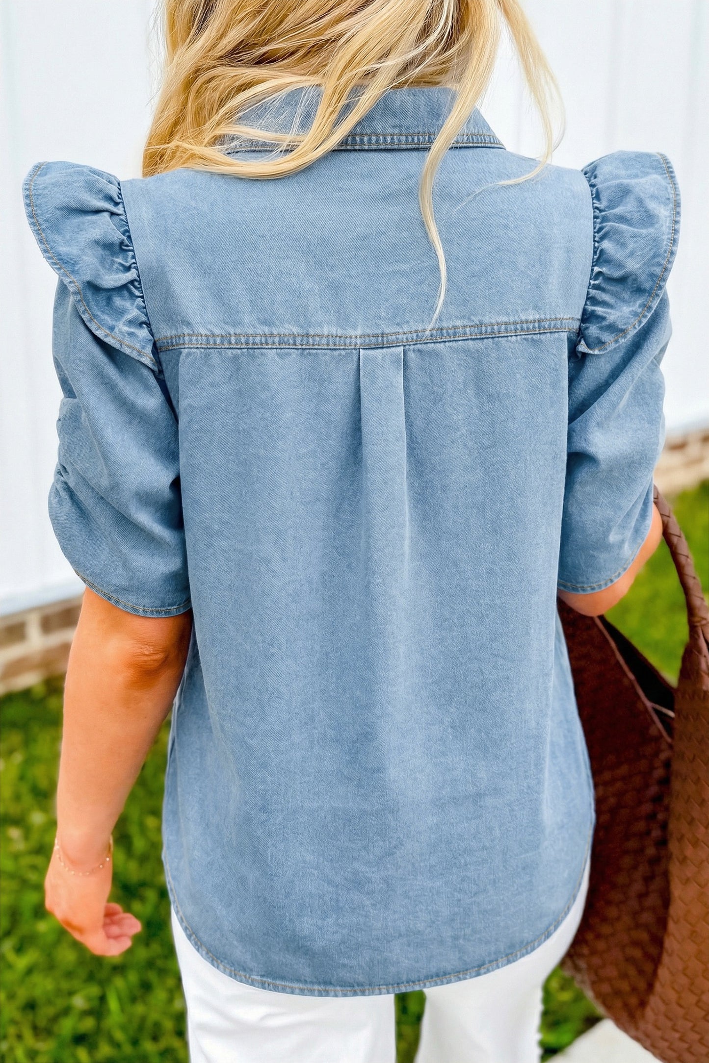 Ruffle Detail Short Puff Sleeve Button Down Flap Pocket Denim Shirt