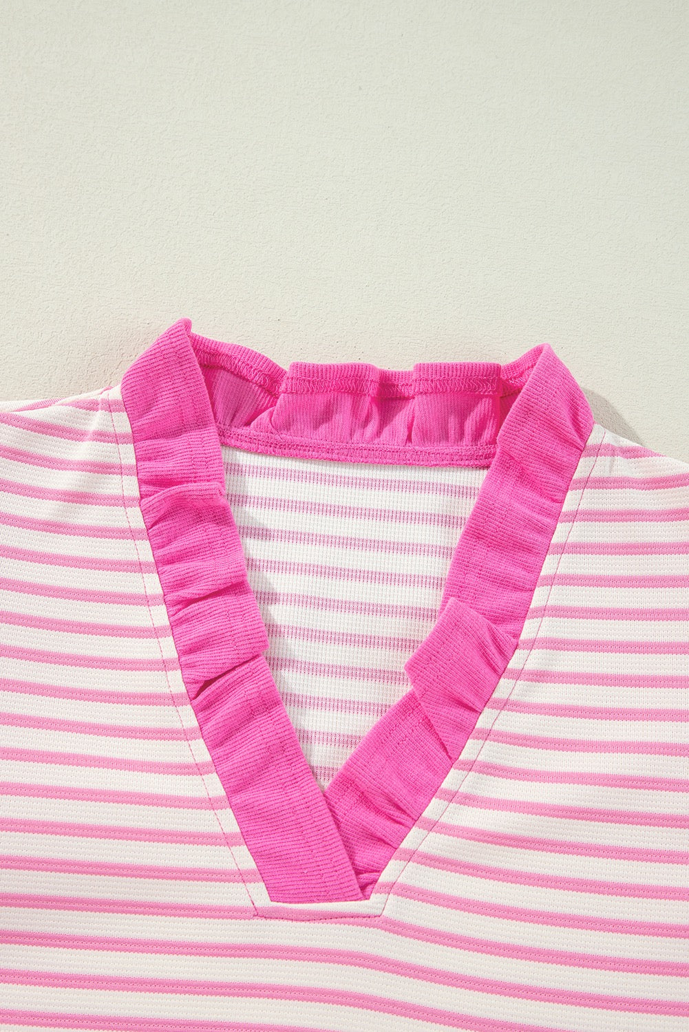 Pink Stripe Ruffle V Neck Puff Sleeve Top