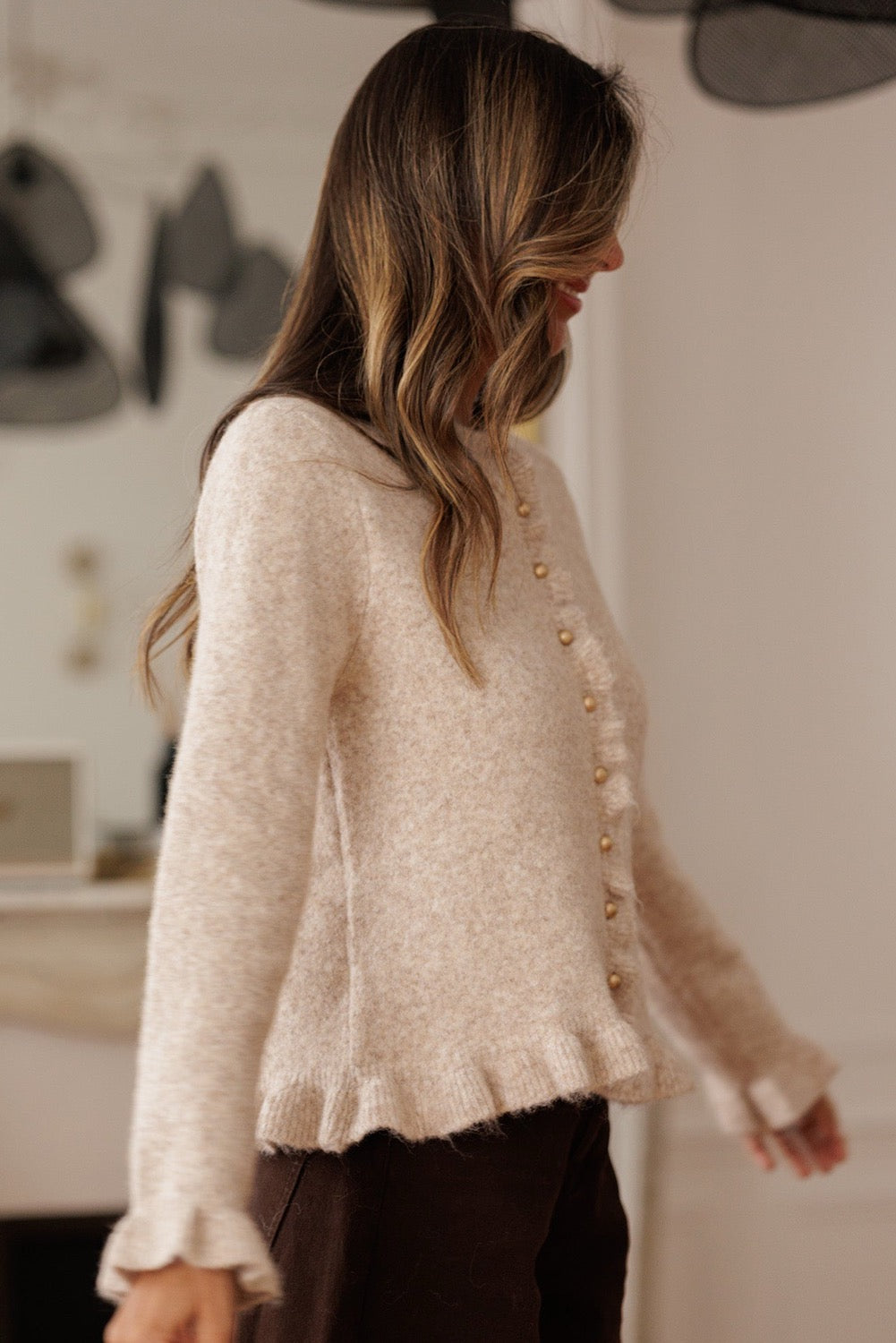 Oatmeal Ruffle Trim Gold Button Cardigan