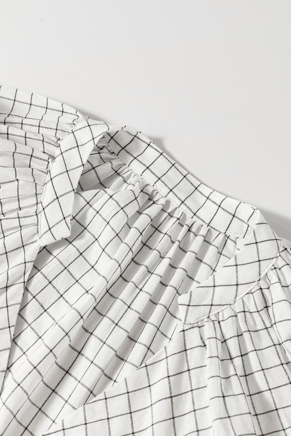 White Stripe Checkered Frill, V-Neck, Bracelet Sleeve Babydoll Dress