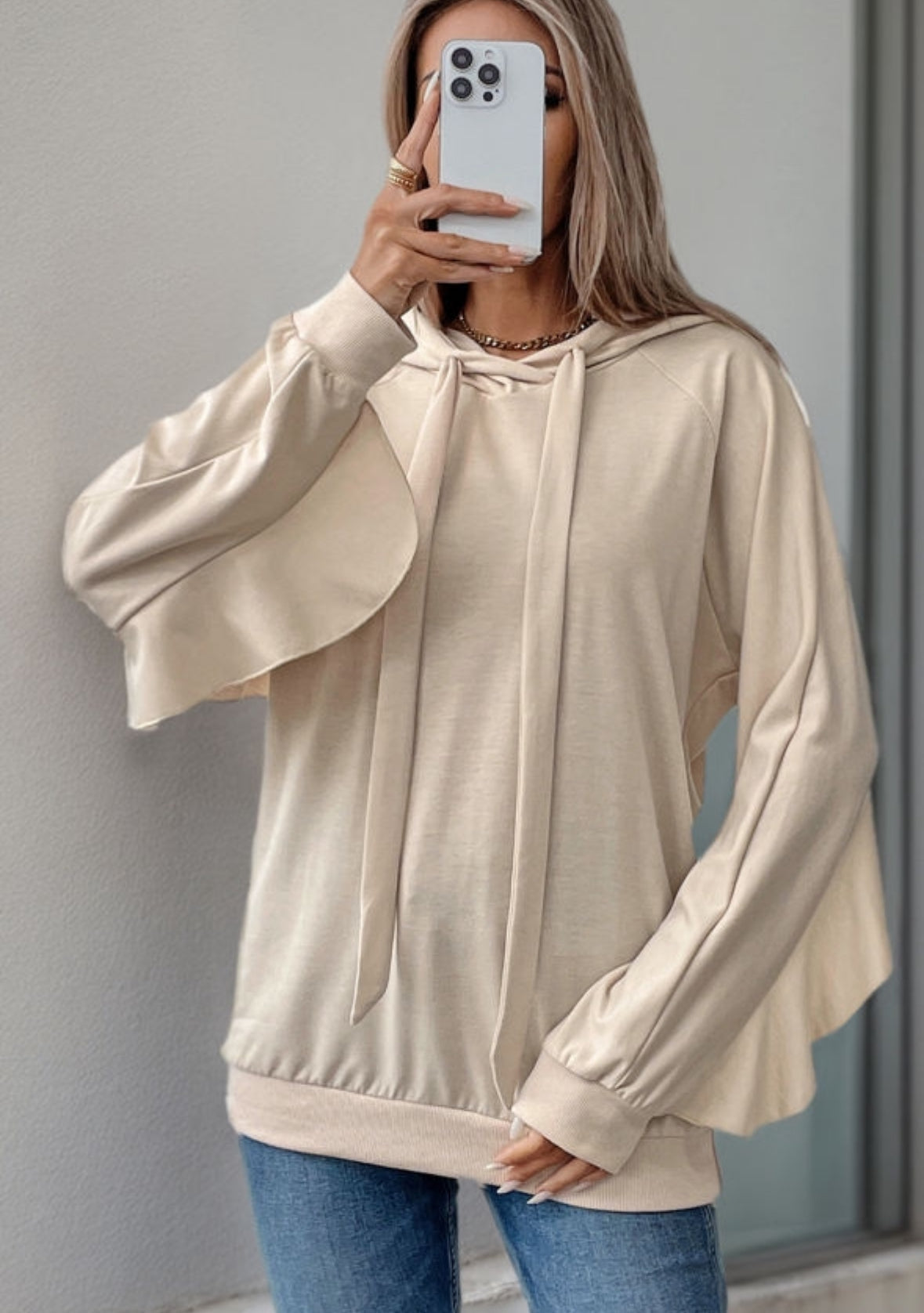 Beige Ruffled Edge Drawstring Hoodie