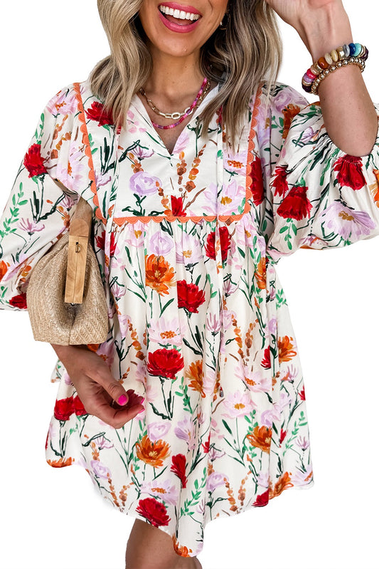 Beige Floral Print 3/4 Puff Sleeve Ricrac Trim Dress