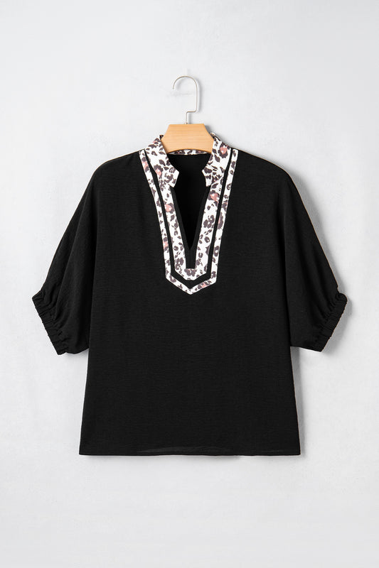 Black Dolman Half Sleeve Leopard Patchwork C Trim V Neck  Blouse
