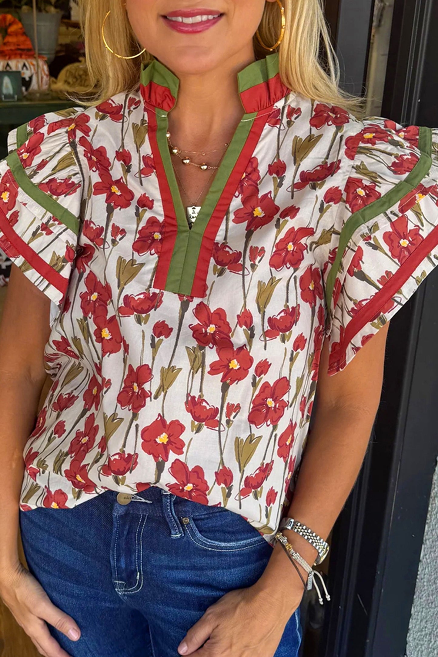 Red Floral Print Contrast Trim V Neck Double Ruffled Short SleeveTop