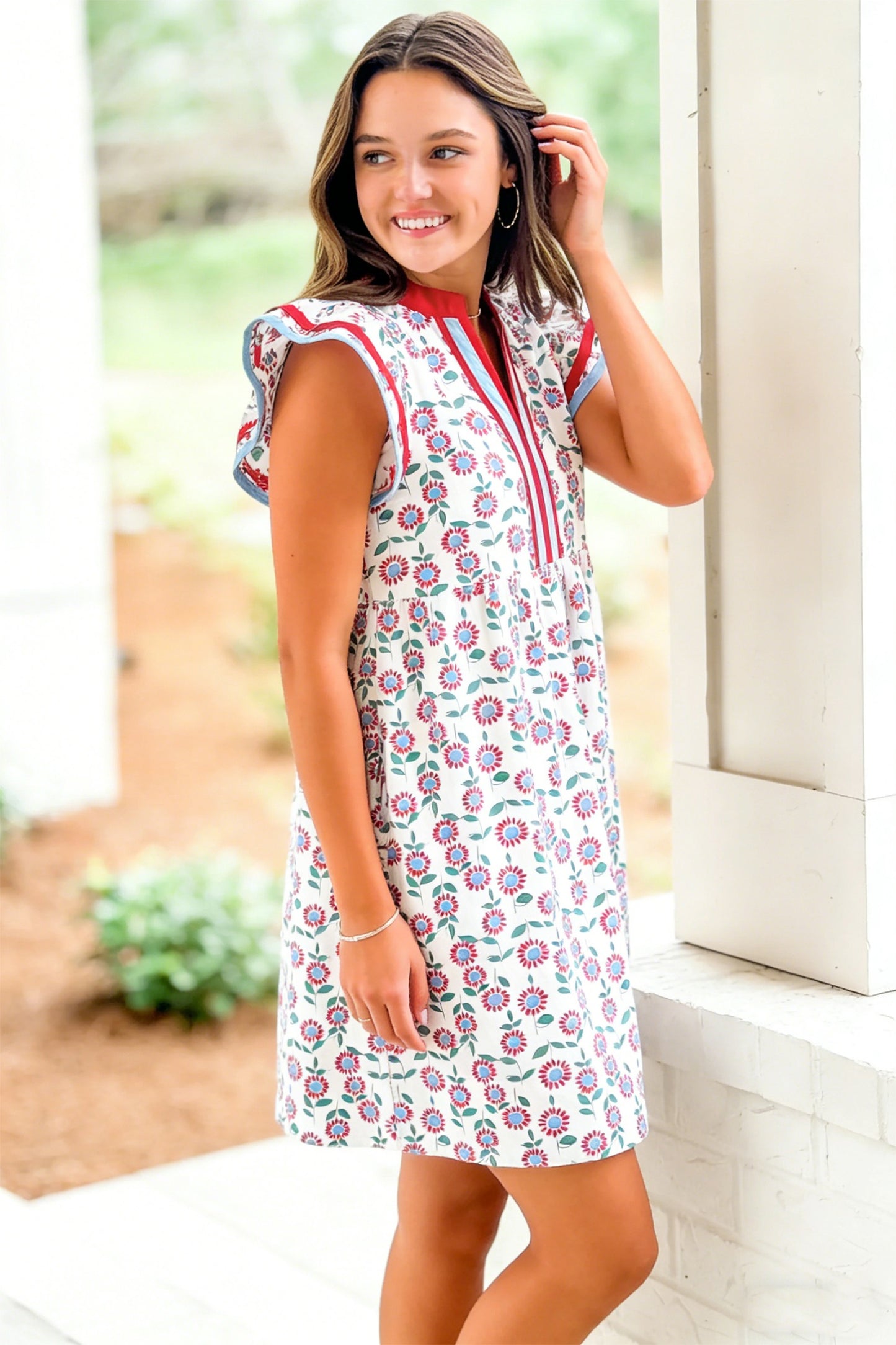 Red Floral Print Contrast Trim Dress