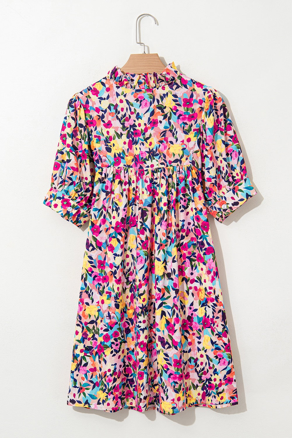 Pink Floral Puff Short Sleeve V Neck Mini Dress