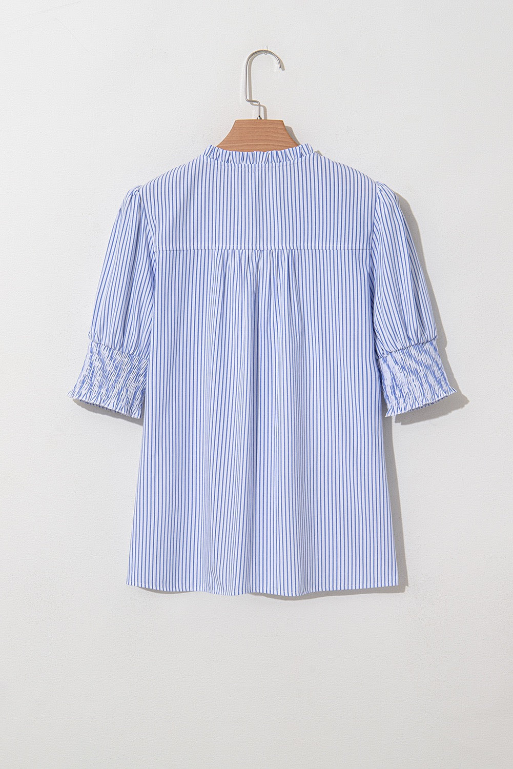 Blue Stripe Shirred Detail V Neck Puff Half Sleeve V Neck Blouse