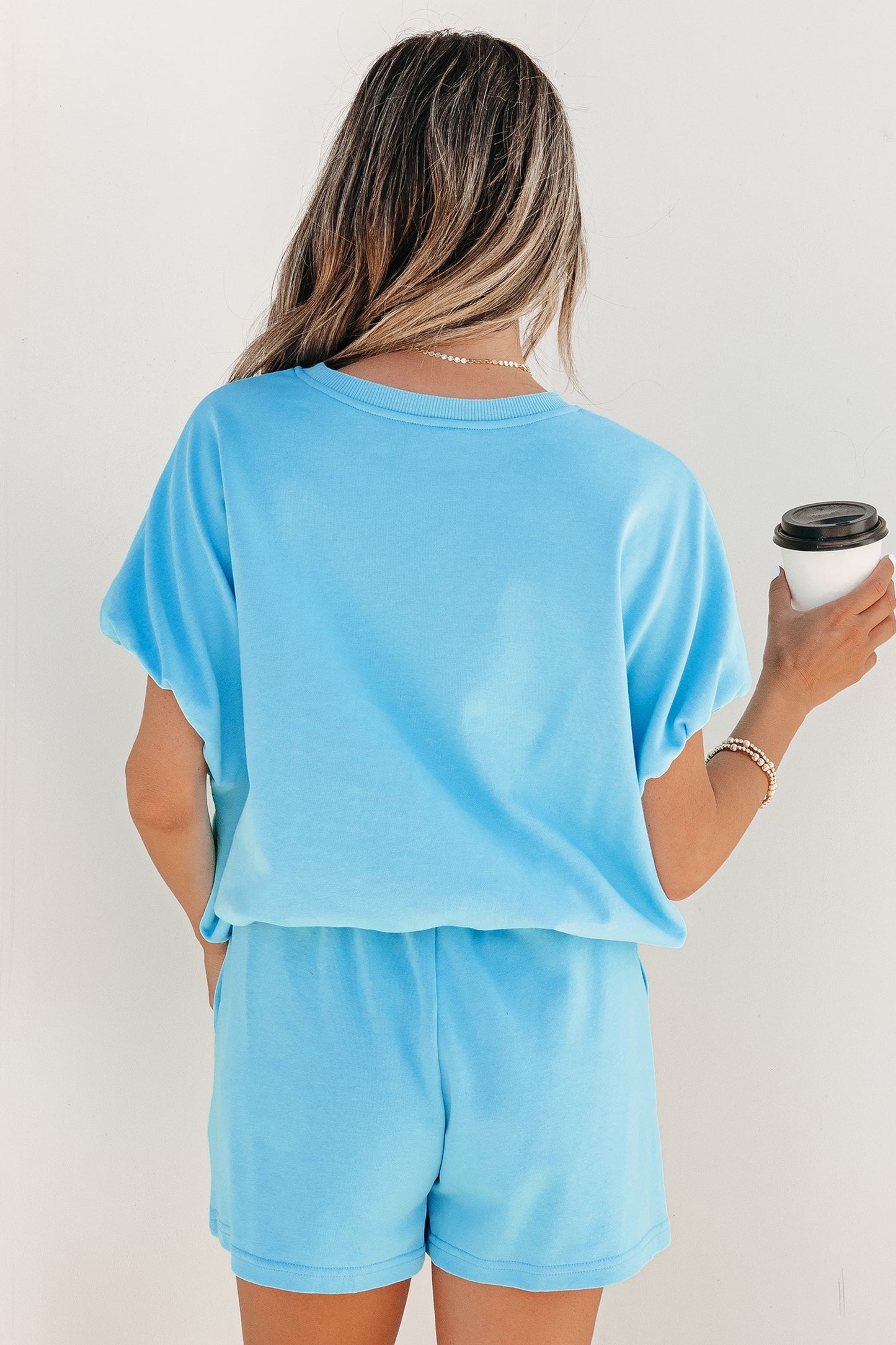 Blue Solid Color Puffy Loose Top Drawstring Shorts 2pcs Outfit