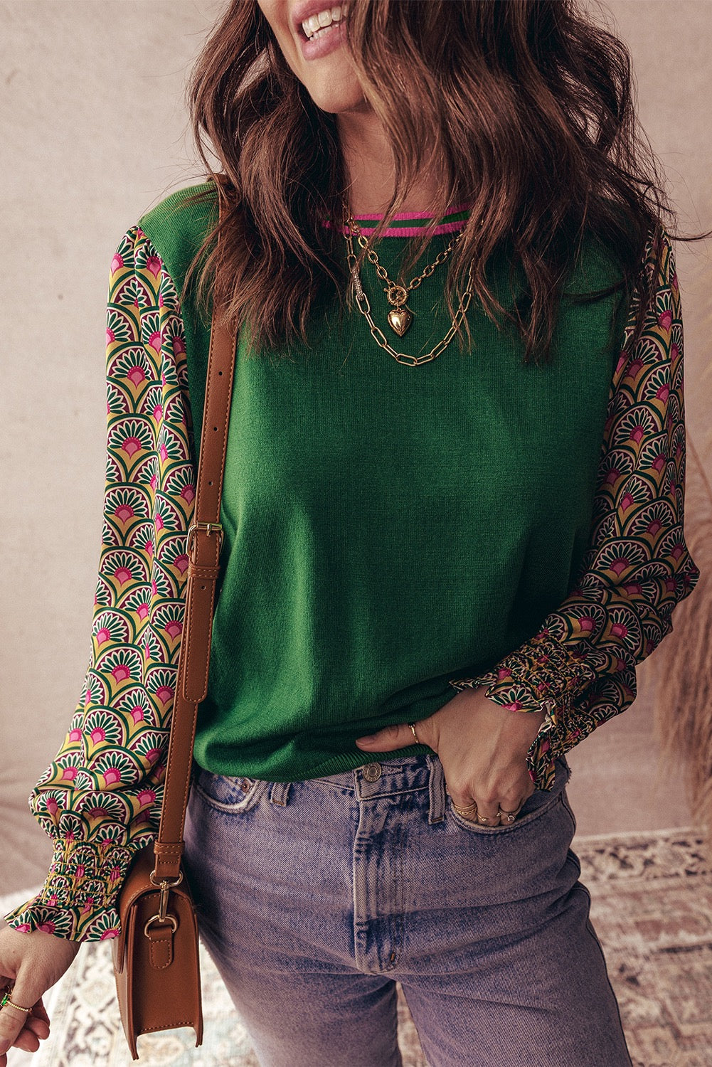 Green Floral Patchwork Shirred Cuff Puff Sleeve Sweater