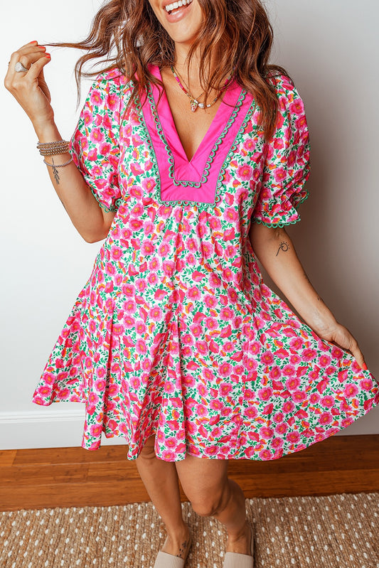 Pink Floral Print V Neck Patchwork Short Bubble Sleeve Dress