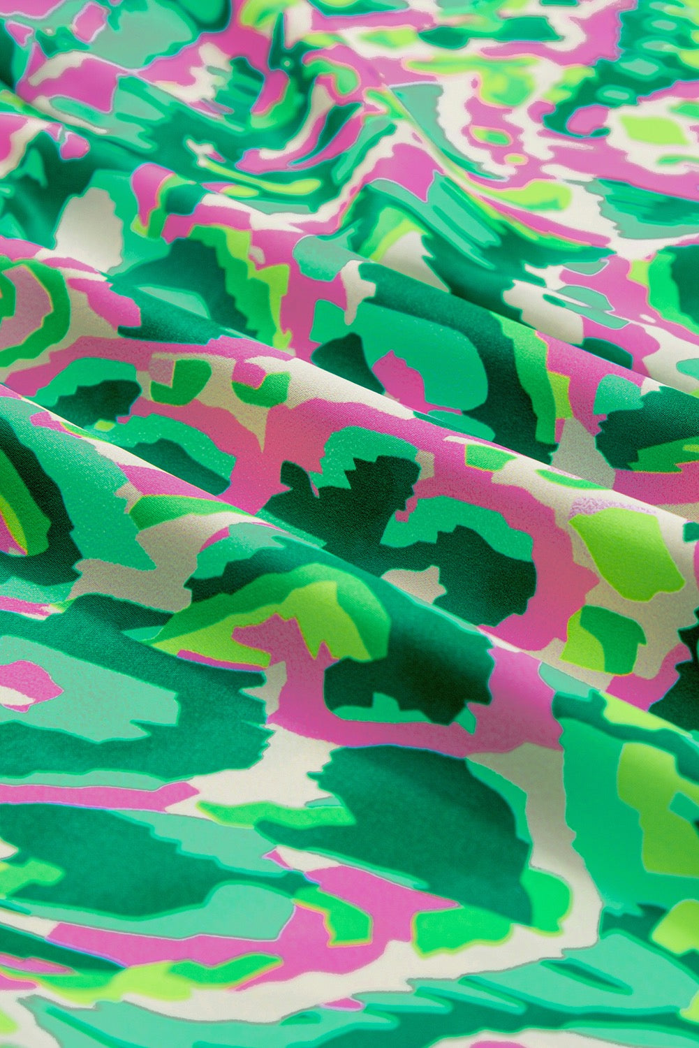 Green Abstract Print Ruffled Trim Tied Split Neck Blouse