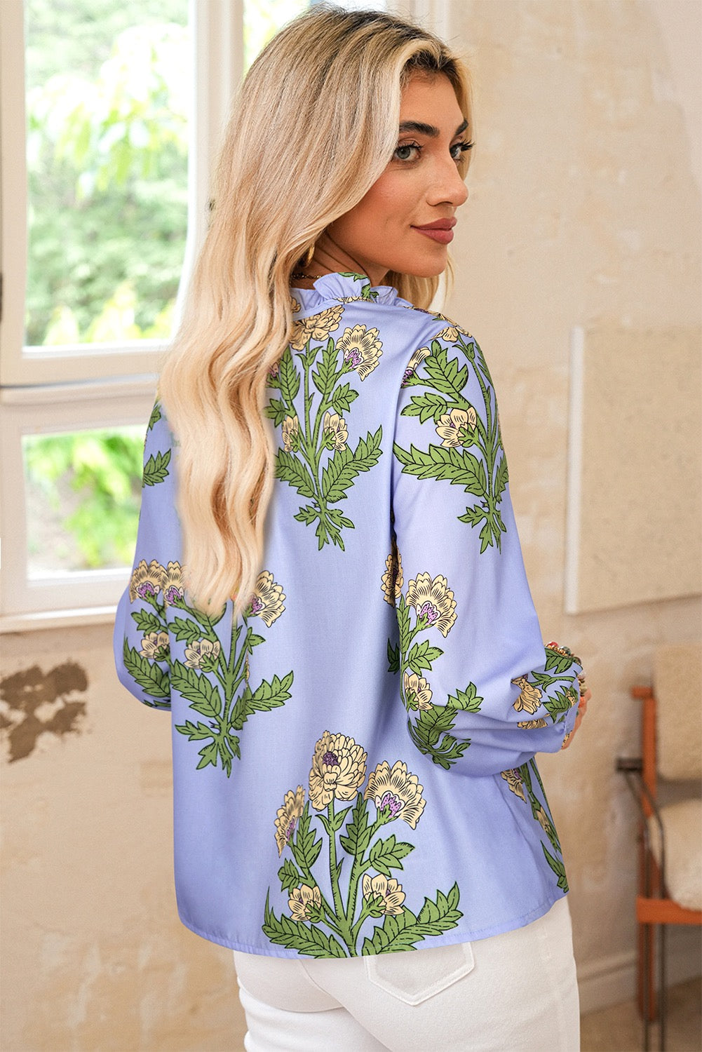 Blue Floral Print Button Tie Neck Long Sleeve Blouse