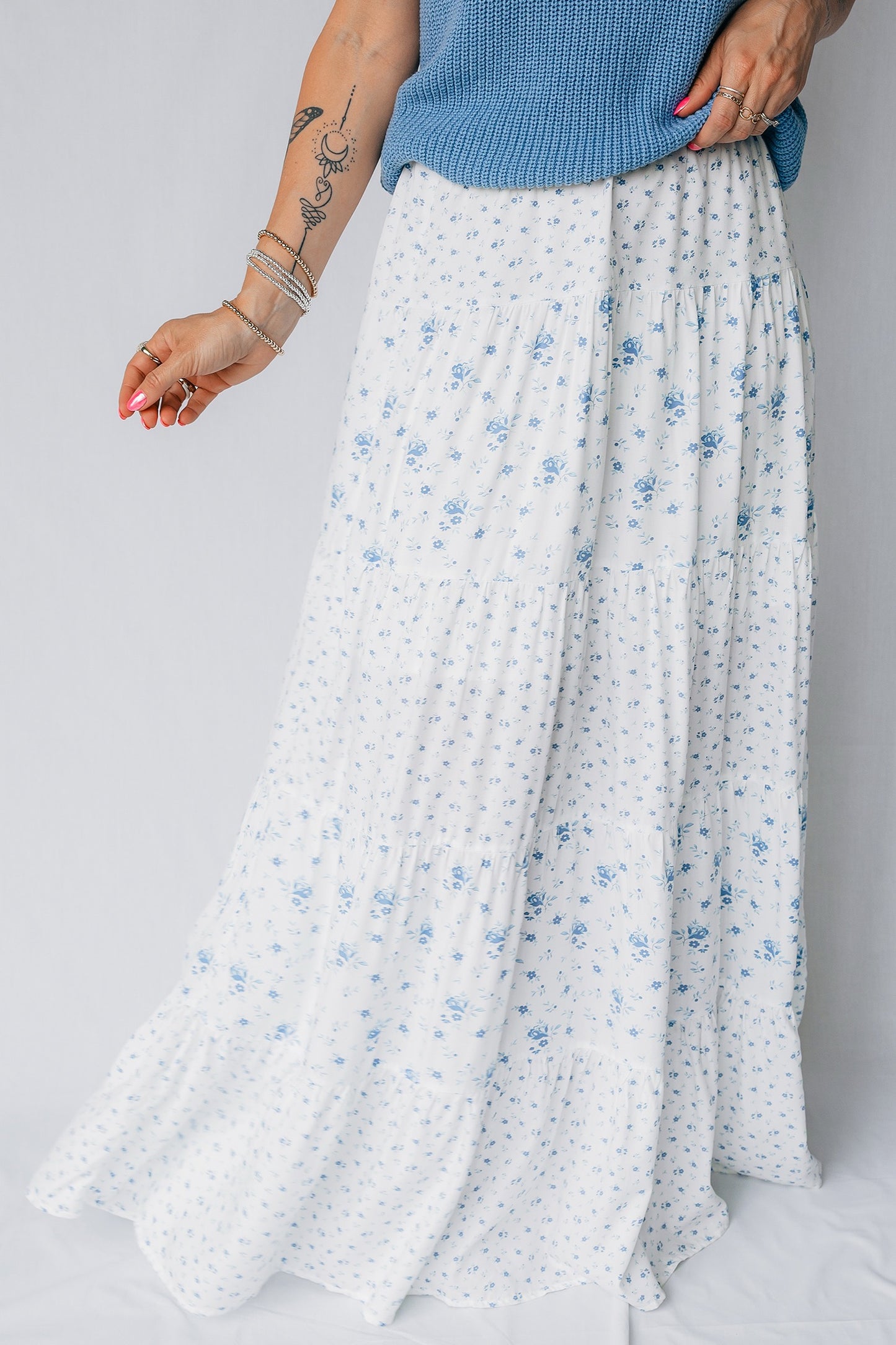 Blue High Waist Tiny Floral Print Boho Maxi Skirt