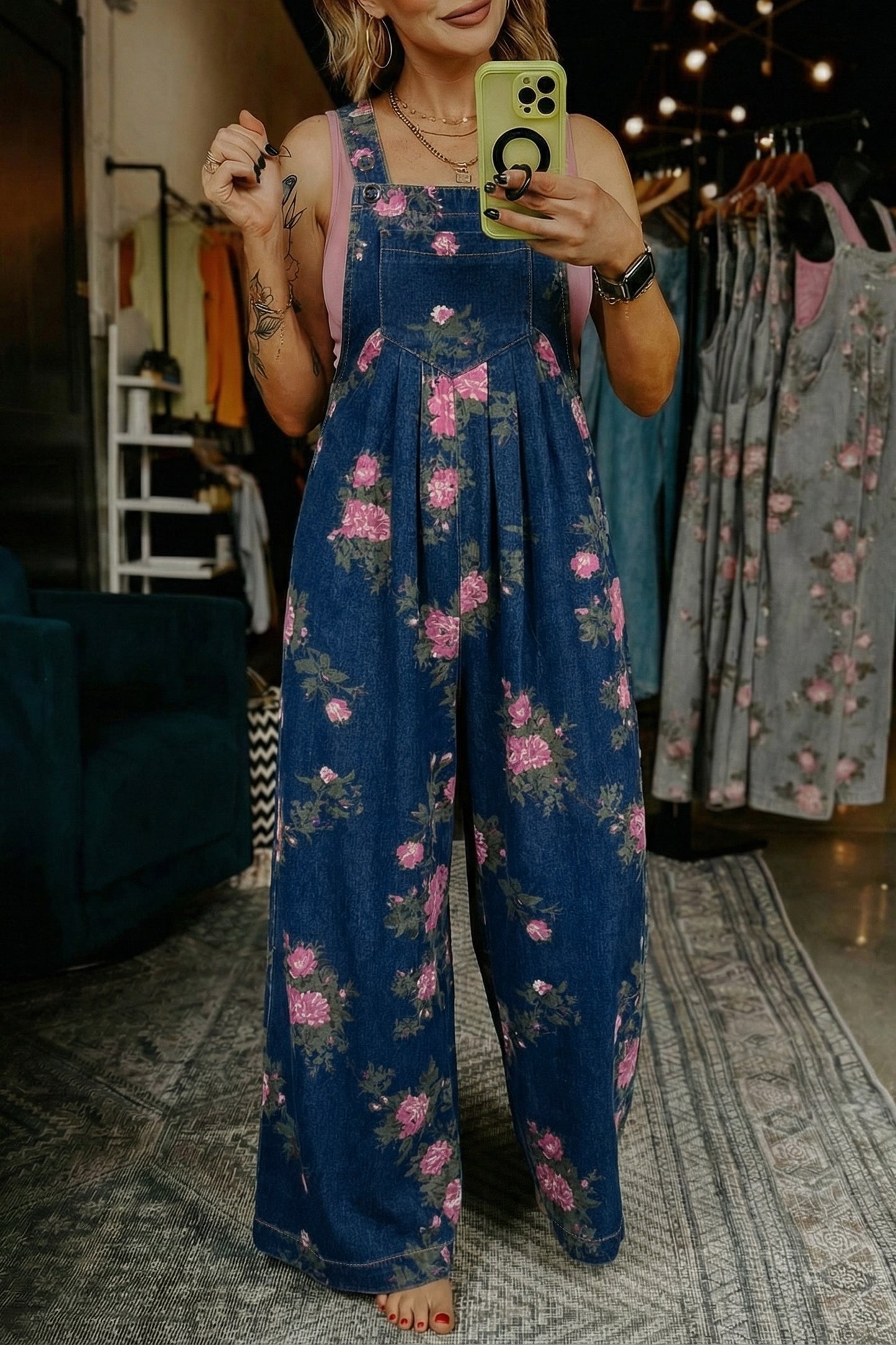 Floral Print Pleated High Waist Wide Leg Denim Jumpsuit