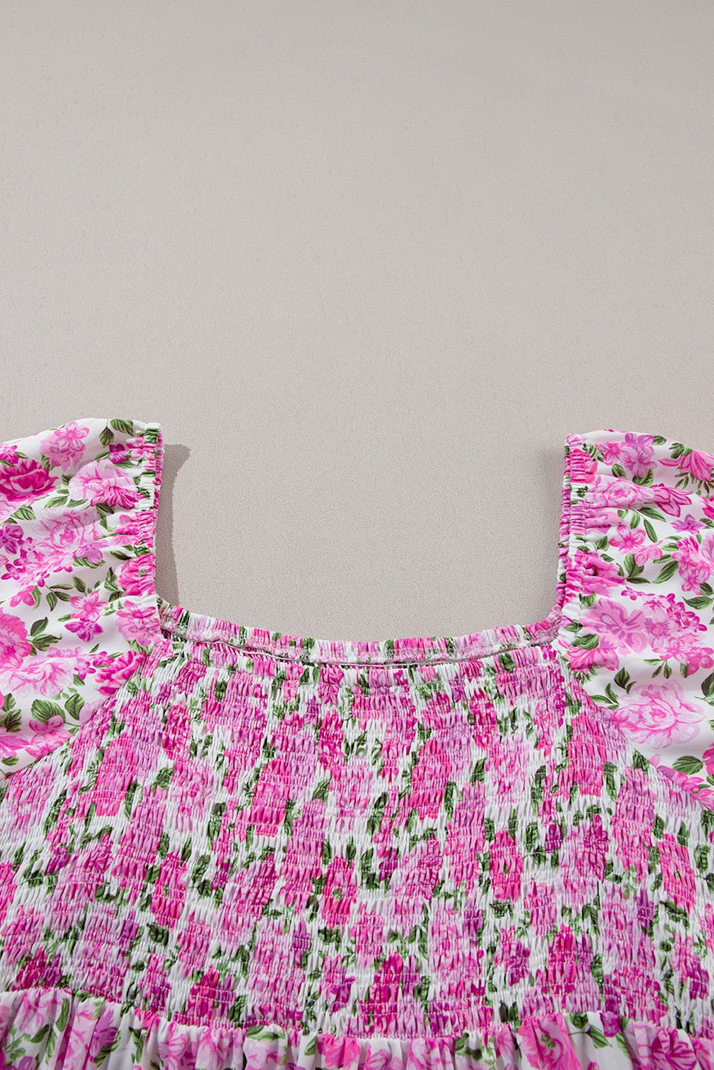 Pink Plus Size Floral Print Smocked Puff Sleeve Maxi