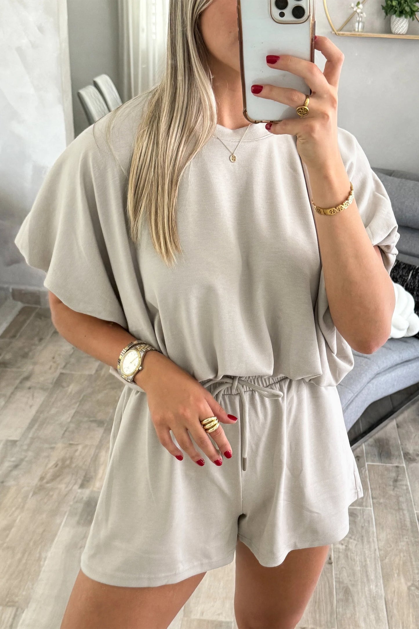 Smoke Gray Solid Color Puffy Loose Top Drawstring Shorts 2pcs Set