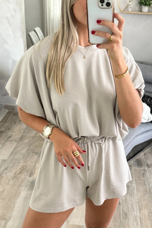 Smoke Gray Solid Color Puffy Loose Top Drawstring Shorts 2pcs Set
