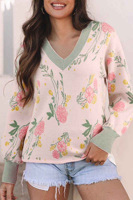 Pink Floral Pattern Striped V Neck